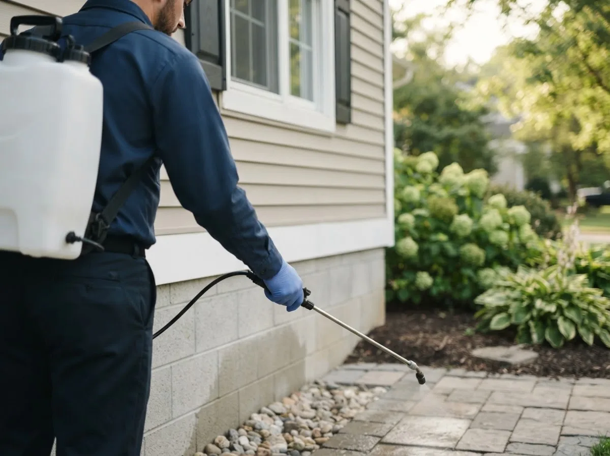 Pest control technician inspecting a home in Roseland, NE